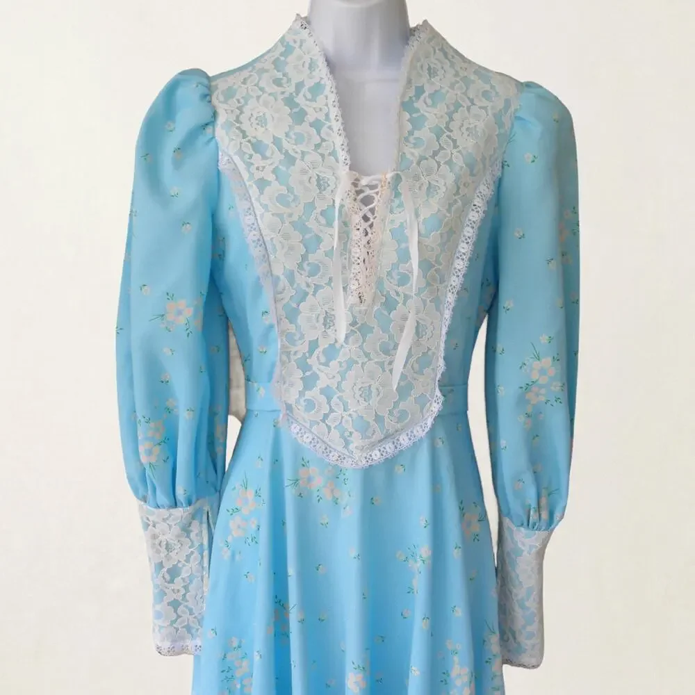 Vintage 70s Blue Prairie Maxi Dress Gunne Sax Style XS Lace Up Cottagecore Boho - Picture 2 of 11